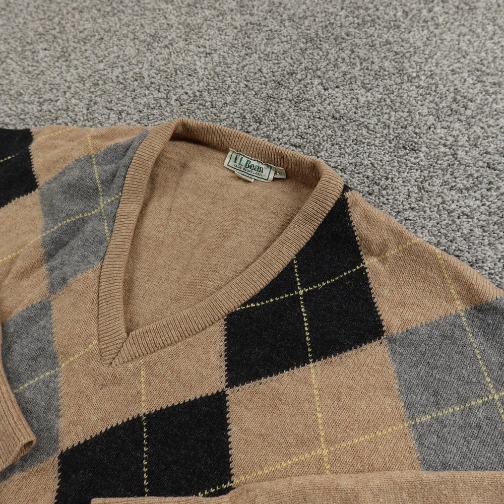 VTG LL Bean Sweater Mens XL Brown Tan Argyle Lambswool V Neck Pullover Ireland